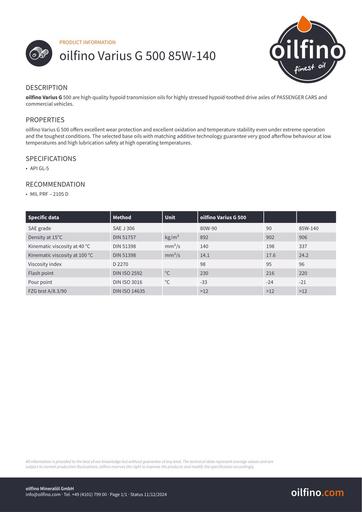 Oilfino Varius G 500 85W 140