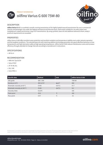 Oilfino Varius G 600 75W 80