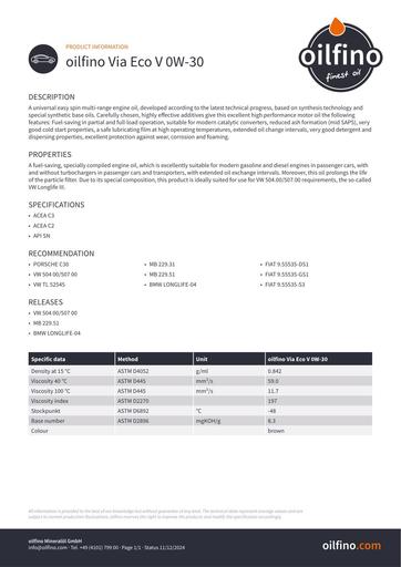 Oilfino Via Eco V 0W 30