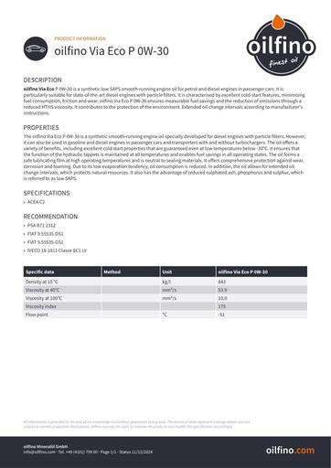 Oilfino Via Eco P 0W 30