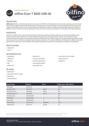 Oilfino Econ T 8600 10W 40