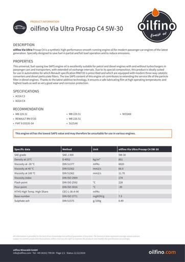 Oilfino Via Ultra Prosap C4 5W 30